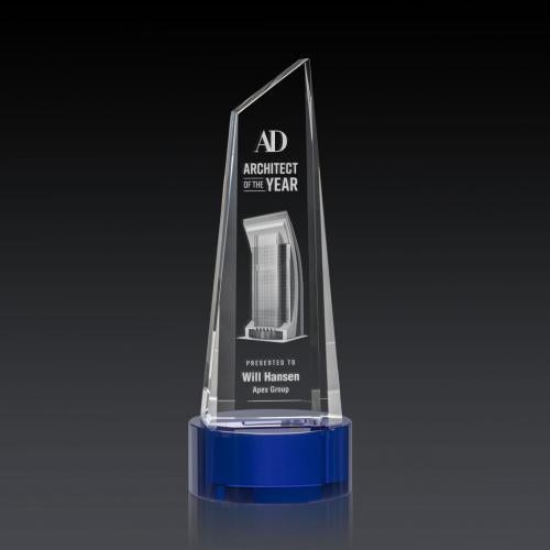 Corporate Awards - Crystal Awards - Akron Tower 3D Blue on Base Obelisk Crystal Award