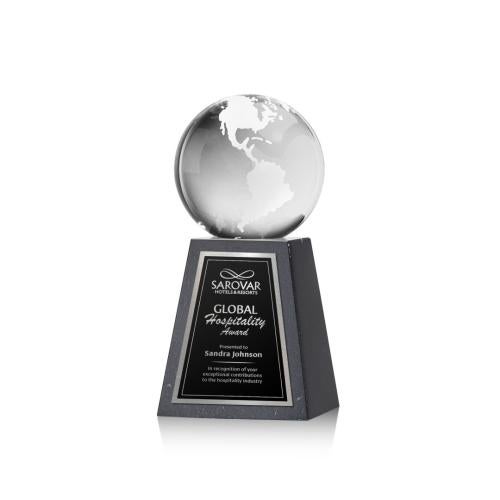 Corporate Awards - Crystal Awards - Globe Spheres on Tall Marble Base Crystal Award