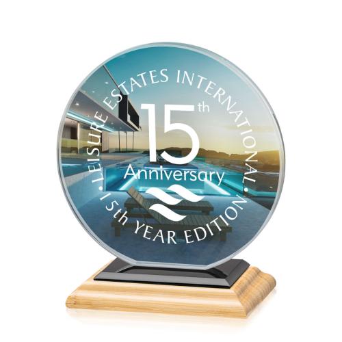 Corporate Awards - Crystal Awards - Victoria Full Color Bamboo/Black Circle Crystal Award