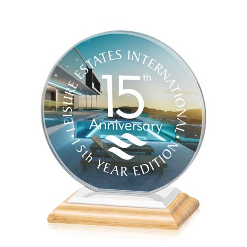 Corporate Awards - Crystal Awards - Victoria Full Color Bamboo/White Circle Crystal Award