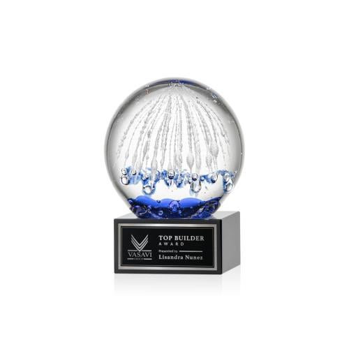 Corporate Awards - Glass Awards - Art Glass Awards - Starburst Black on Hancock Base Spheres Glass Award