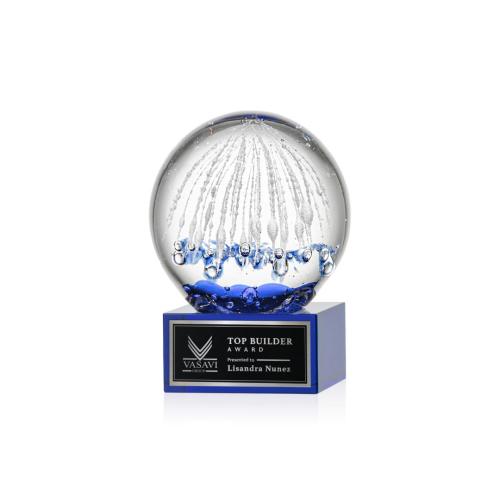 Corporate Awards - Glass Awards - Art Glass Awards - Starburst Blue on Hancock Base Spheres Glass Award