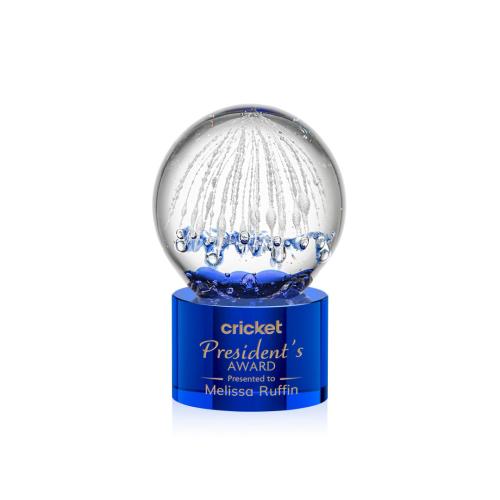 Corporate Awards - Glass Awards - Art Glass Awards - Starburst Blue on Marvel Base Spheres Glass Award