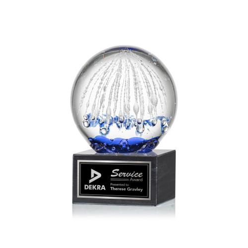 Corporate Awards - Glass Awards - Art Glass Awards - Starburst Spheres on Square Marble Base Glass Award
