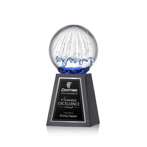 Corporate Awards - Glass Awards - Art Glass Awards - Starburst Spheres on Tall Marble Base Glass Award