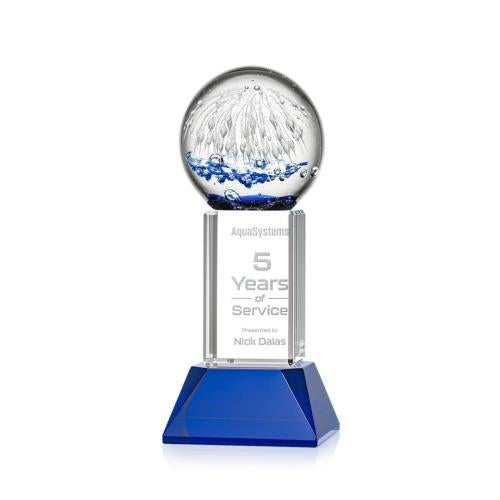 Corporate Awards - Glass Awards - Art Glass Awards - Starburst Blue on Stowe Base Spheres Glass Award