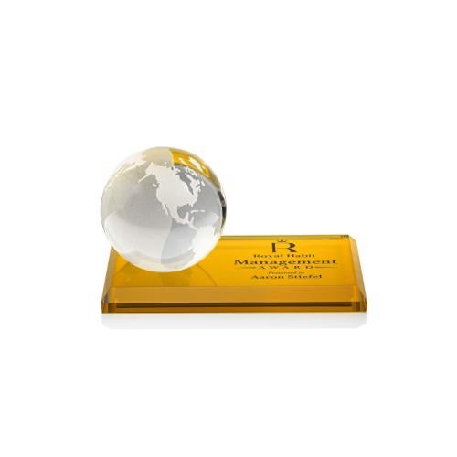 Corporate Awards - Crystal Awards - Globe Amber on Rectangle Base Spheres Crystal Award