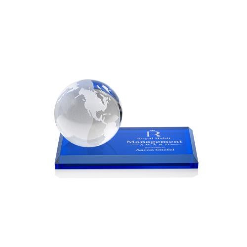 Corporate Awards - Crystal Awards - Globe Blue on Rectangle Base Spheres Crystal Award