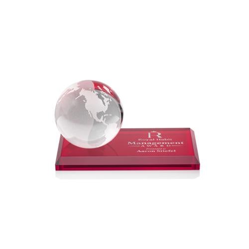 Corporate Awards - Crystal Awards - Globe Red on Rectangle Base Spheres Crystal Award