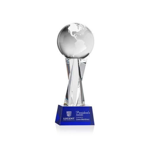 Corporate Awards - Crystal Awards - Globe Blue on Grafton Base Spheres Crystal Award