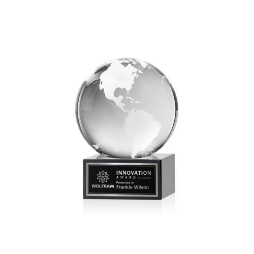 Corporate Awards - Crystal Awards - Globe Black on Hancock Base Spheres Crystal Award