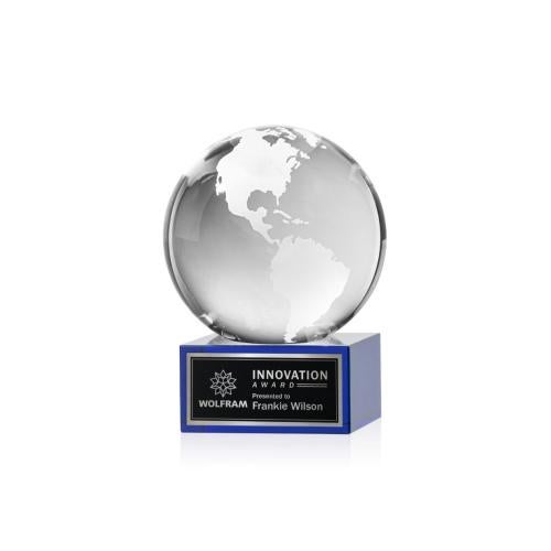 Corporate Awards - Crystal Awards - Globe Blue on Hancock Base Spheres Crystal Award