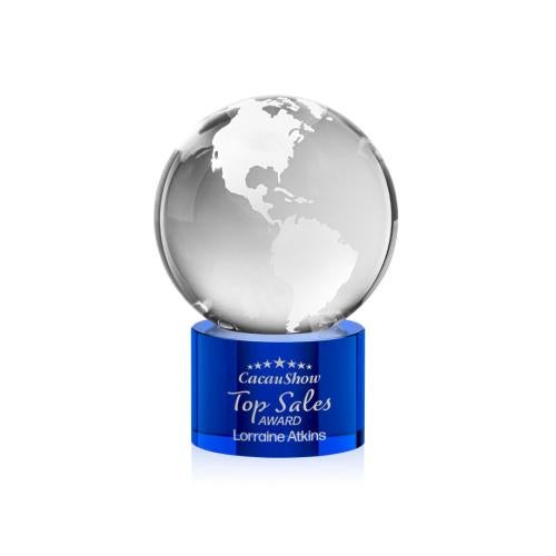 Corporate Awards - Crystal Awards - Globe Blue on Marvel Base Spheres Crystal Award
