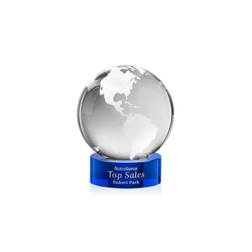 Corporate Awards - Crystal Awards - Globe Blue on Stanrich Base Spheres Crystal Award