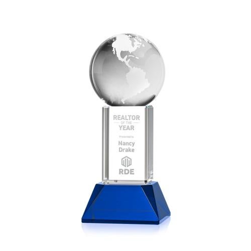 Corporate Awards - Crystal Awards - Globe Blue on Stowe Base Spheres Crystal Award