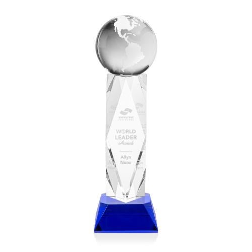 Corporate Awards - Crystal Awards - Globe Blue on Toscana Base Spheres Crystal Award
