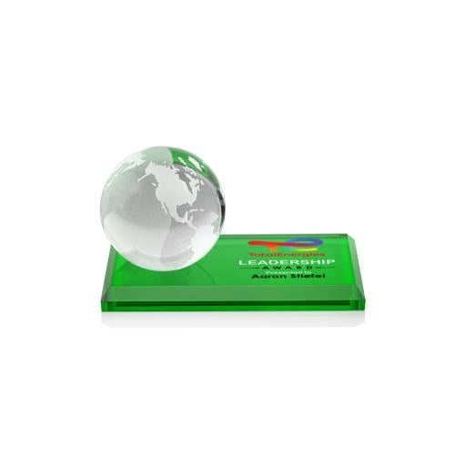Corporate Awards - Crystal Awards - Globe Full Color Green on Rectangle Base Spheres Crystal Award
