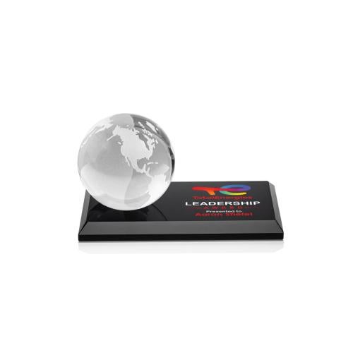 Corporate Awards - Crystal Awards - Globe Full Color Black on Rectangle Base Spheres Crystal Award
