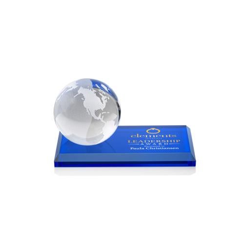 Corporate Awards - Crystal Awards - Globe Full Color Blue on Rectangle Base Spheres Crystal Award