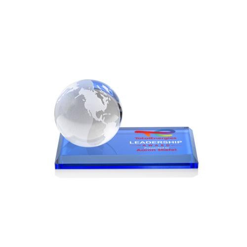 Corporate Awards - Crystal Awards - Globe Full Color Sky Blue on Rectangle Base Spheres Crystal Award