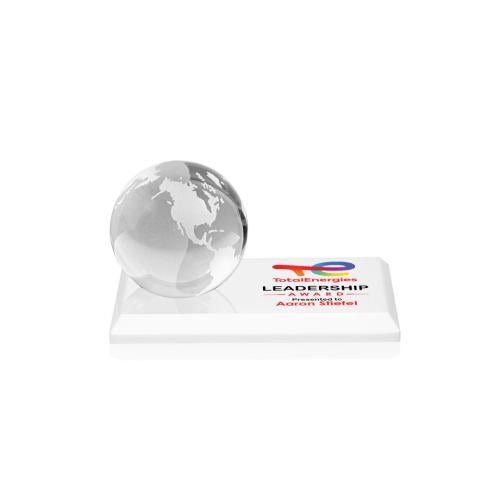 Corporate Awards - Crystal Awards - Globe Full Color White on Rectangle Base Spheres Crystal Award