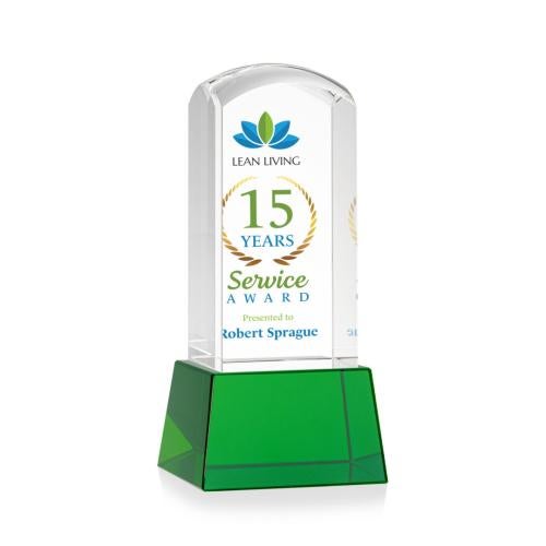 Corporate Awards - Crystal Awards - Silkwood Full Color Green on Base Obelisk Crystal Award