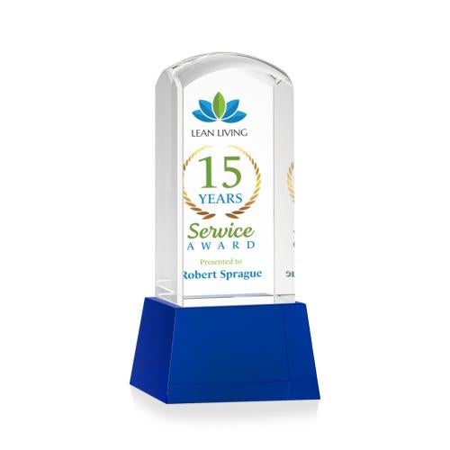 Corporate Awards - Crystal Awards - Silkwood Full Color Blue on Base Obelisk Crystal Award