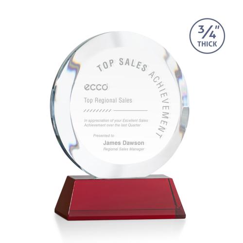 Corporate Awards - Crystal Awards - Gibralter Red on Newhaven Base Circle Crystal Award