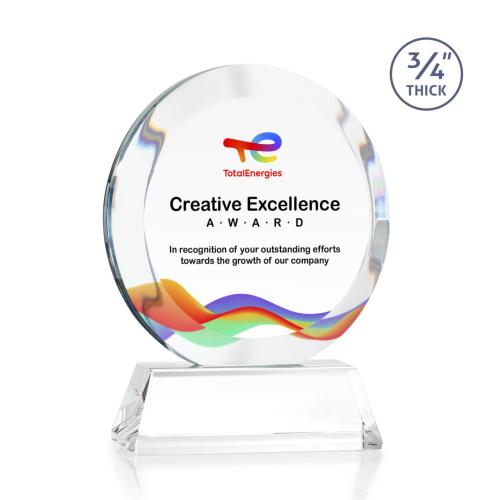 Corporate Awards - Crystal Awards - Gibralter Full Color Clear on Newhaven Base Circle Crystal Award