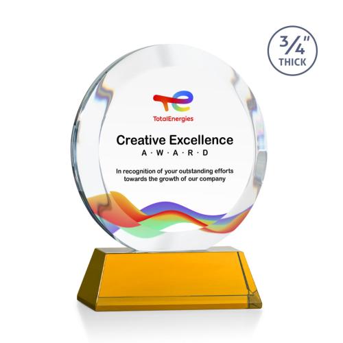 Corporate Awards - Crystal Awards - Gibralter Full Color Amber on Newhaven Base Circle Crystal Award