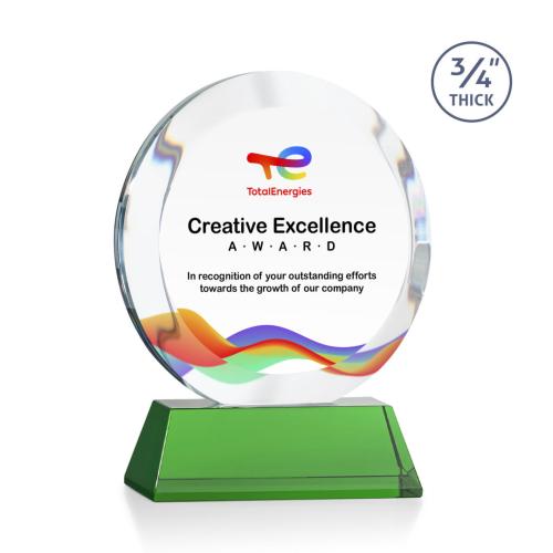 Corporate Awards - Crystal Awards - Gibralter Full Color Green on Newhaven Base Circle Crystal Award