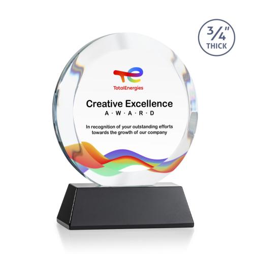 Corporate Awards - Crystal Awards - Gibralter Full Color Black on Newhaven Base Circle Crystal Award