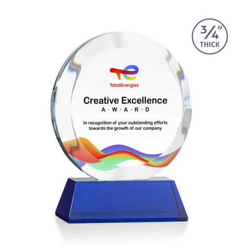 Corporate Awards - Crystal Awards - Gibralter Full Color Blue on Newhaven Base Circle Crystal Award