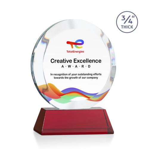 Corporate Awards - Crystal Awards - Gibralter Full Color Red on Newhaven Base Circle Crystal Award