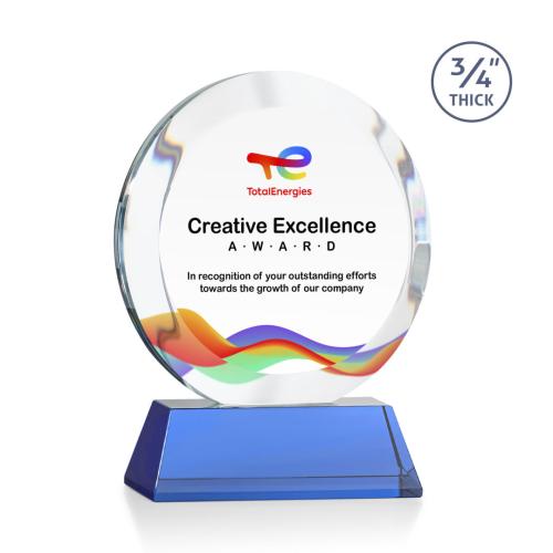 Corporate Awards - Crystal Awards - Gibralter Full Color Sky Blue on Newhaven Base Circle Crystal Award