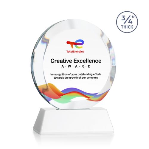 Corporate Awards - Crystal Awards - Gibralter Full Color White on Newhaven Base Circle Crystal Award