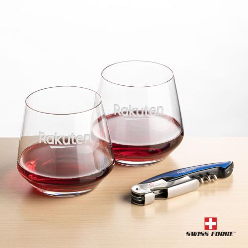 Corporate Recognition Gifts - Etched Barware - Swiss Force&reg; Opener & Tucson Stemless Wine