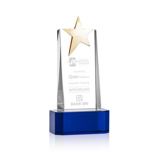 Corporate Awards - Crystal Awards - Fanshaw Gold Blue on Base Star Crystal Award