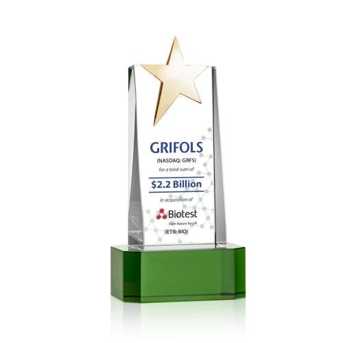 Corporate Awards - Crystal Awards - Fanshaw Gold Full Color Green on Base Star Crystal Award