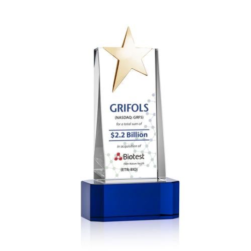 Corporate Awards - Crystal Awards - Fanshaw Gold Full Color Blue on Base Star Crystal Award