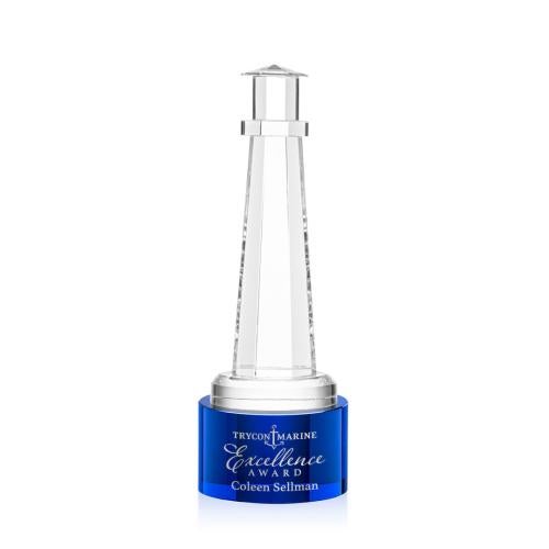 Corporate Awards - Crystal Awards - Lighthouse Blue on Marvel Base People Crystal Award