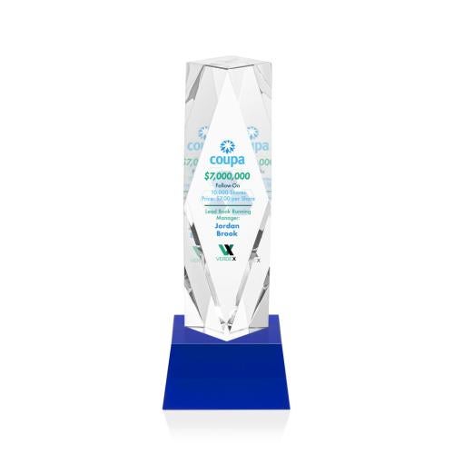 Corporate Awards - Crystal Awards - Toscana Full Color Blue on Base Obelisk Crystal Award
