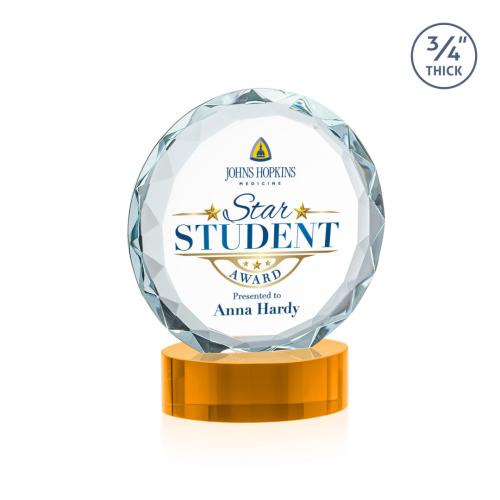 Corporate Awards - Crystal Awards - Centura Full Color Amber on Alberton Base Circle Crystal Award