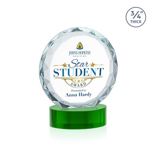 Corporate Awards - Crystal Awards - Centura Full Color Green on Alberton Base Circle Crystal Award