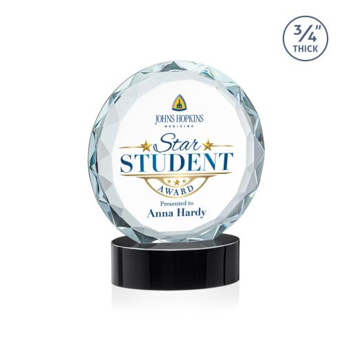 Corporate Awards - Crystal Awards - Centura Full Color Black on Alberton Base Circle Crystal Award