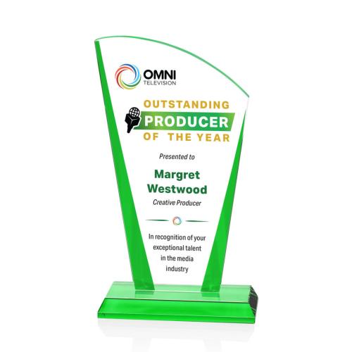 Corporate Awards - Crystal Awards - Merivale Full Color Green Sail Crystal Award