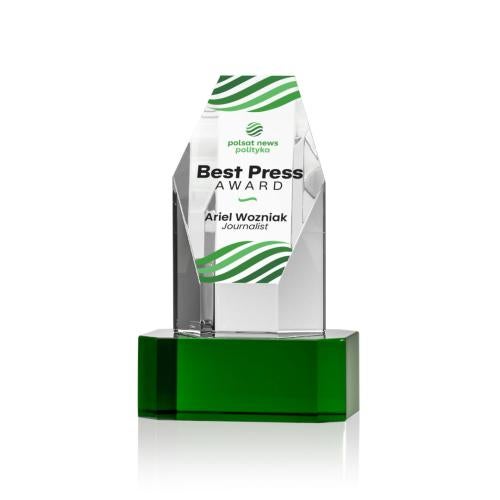 Corporate Awards - Crystal Awards - Ashford Full Color Green on Base Obelisk Crystal Award