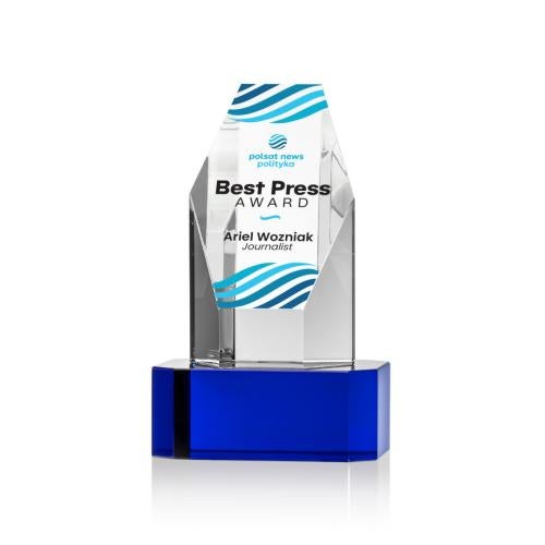Corporate Awards - Crystal Awards - Ashford Full Color Blue on Base Obelisk Crystal Award