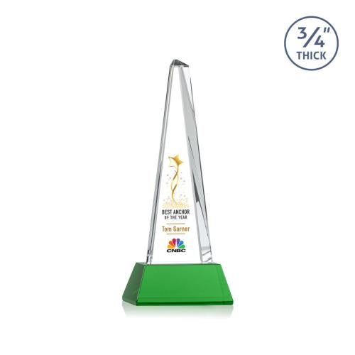 Corporate Awards - Crystal Awards - Majestic Tower Full Color Green on Newhaven Base Pyramid Crystal Award