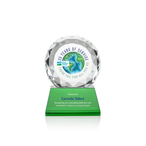 Corporate Awards - Crystal Awards - Seville Full Color Green on Entwhistle Base Circle Crystal Award